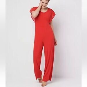 H Halston Cardinal Red Regular Jet Set Jersey Wide-Leg Jumpsuit Lace Sleeves